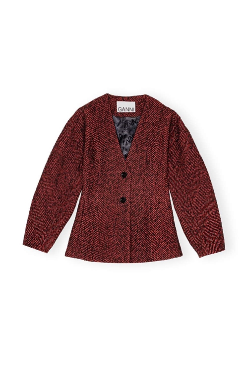 GANNI F9549 HERRINGBONE WOOL CURVE BLAZER RED